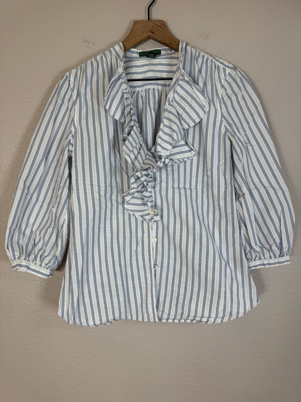 Lauren Jeans Company Ralph Lauren Cotton Striped Ruffle Blue White Blouse Medium